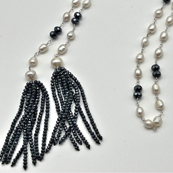 Hand Wrapped Freshwater Pearl & Blue Austrian Crystal Tassel Lariat Necklace 52” - Picture 3 of 6